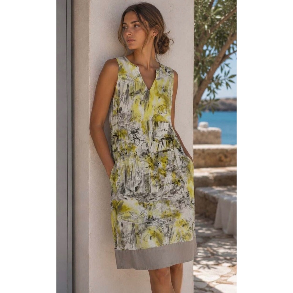 ‼️SALE‼️Piazza Sempione Yellow Sketch Screen Print Shift Dress IT Sz 42